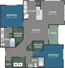 a floor plan of a 2 bedroom apartment with a walk in closet