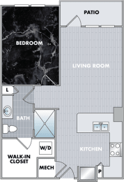 floor plan of a living room and a dining room with a kitchen  at Abberly Onyx Apartment Homes, Decatur, 30033