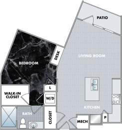 a floor plan of a small house with a walk in closet  at Abberly Onyx Apartment Homes, Decatur, 30033