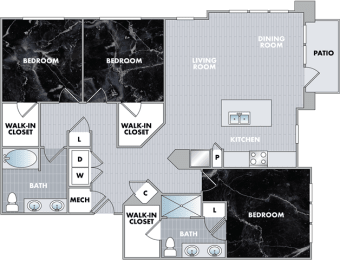 a floor plan of a house with a kitchen and a living room at Abberly Onyx Apartment Homes, Decatur, Georgia