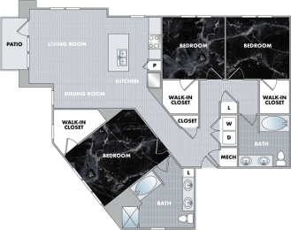 level floor plan of a bedroom apartment with a bathroom and a living room at Abberly Onyx Apartment Homes, Decatur, 30033
