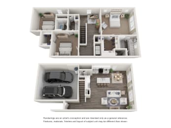 a stylized view of a 1 bedroom floor plan and a 2100 sq ft apartment