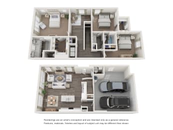 a stylized 3d floor plan of a studio apartment