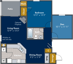1 bedroom 1 bathroom Floor plan B at Abberly Twin Hickory Apartment Homes, Virginia