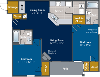 2 bedroom 2 bathroom Floor plan A at Abberly Twin Hickory Apartment Homes, Glen Allen, VA, 23059