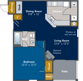 1 bedroom 1 bathroom Floor plan at Abberly Twin Hickory Apartment Homes, Glen Allen, VA