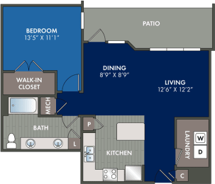the blueprint of a floor plan of a studio apartment at Abberly Liberty Crossing Apartment Homes, North Carolina, 28269