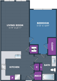 floor plan of the living room and kitchen of a 2 bedroom apartment