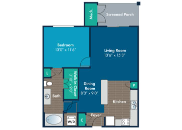1 bedroom 1 bathroom Pearson Floor Plan at Abberly Crest Apartment Homes by HHHunt, Lexington Park, Maryland