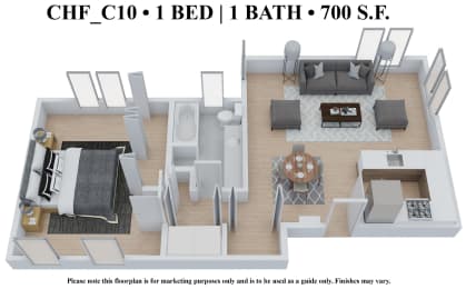 1 bedroom 1 bathroom Floor plan E at The Embassy, St. Louis, 63108