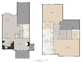 A floor plan of a two bedroom, 1.495 square feet apartment with a bathroom, living room, dining room, kitchen, and family room.