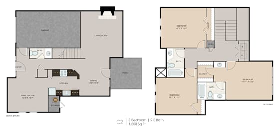 A floor plan of a 3 bedroom apartment with 2.5 bathrooms.