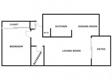 A floor plan of a house with a bedroom, living room, kitchen, dining room, and patio.