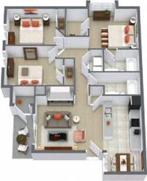 A 3D floor plan of a house with multiple rooms and furniture.