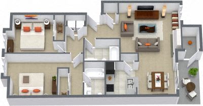 A 3D floor plan of a house with multiple rooms.