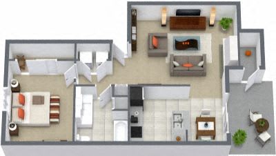 A 3D floor plan of a house with a living room, kitchen, dining room, and two bedrooms.