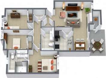 A 3D floor plan of a house with multiple rooms and furniture.