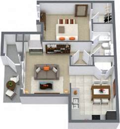 A 3D floor plan of a house showing a living room, kitchen, and dining area.