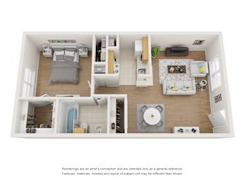 a stylized floor plan with a bedroom and living room