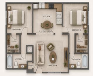 A floor plan of a house with two bedrooms, a living room, a kitchen, a pantry, and two bathrooms.