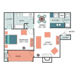 1 Bed 1 Bath Floor Plan at  Wildwood Apartments, CLEAR Property Management, Austin
