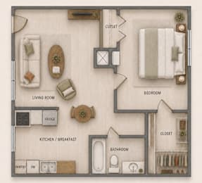 A floor plan of a small apartment with a living room, kitchen, bedroom, bathroom, and closet.