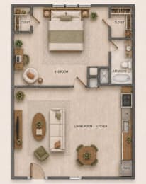 A floor plan of a small apartment with a bedroom, living room, and kitchen.