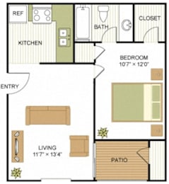 A floor plan of a small apartment with a living room, kitchen, bedroom, and bathroom.