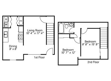 A floor plan of a two-story house with a living room, dining room, and two bedrooms.