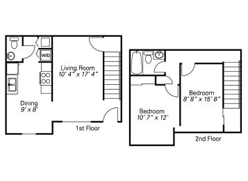 A floor plan of a two-story house with a living room, dining room, and two bedrooms.