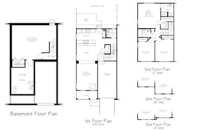 A set of three floor plans for a building, including a basement plan and two second floor unit plans.