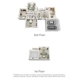 A floor plan of a two-story apartment with a garage on the first floor and a living area on the second floor.
