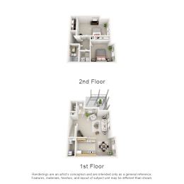 Two images of a house layout, one showing the first floor and the other showing the second floor.