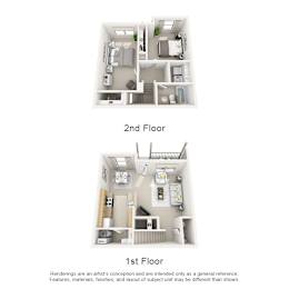 A diagram shows the layout of a one and two bedroom apartment.