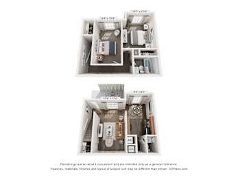 Two images of a small apartment layout, one with a kitchen and the other with a living room.