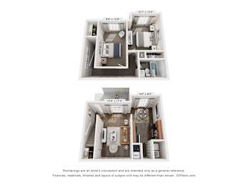 Two images of apartment layouts, one with a kitchen and the other with a living room.