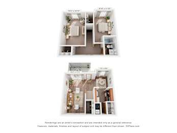 Two images of a floor plan for a house with a living room, kitchen, and bathroom.