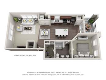 A 3D floor plan of a house with a living room, dining room, kitchen, and garage.