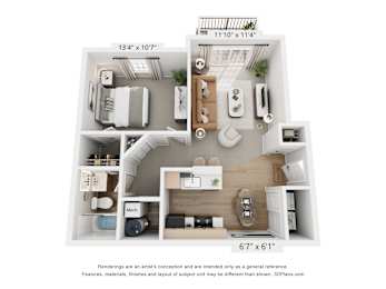 A 3D floor plan of a small apartment with a kitchen, living room, and bathroom.
