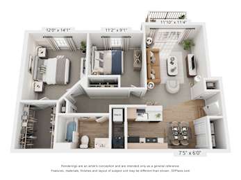 A 3D floor plan of a small apartment with a kitchen, living room, and bathroom.