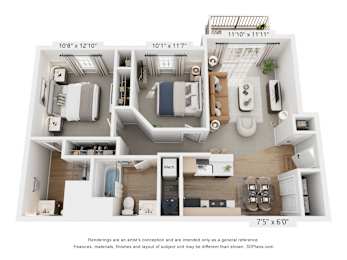 A floor plan of a small apartment with a kitchen, living room, and bathroom.