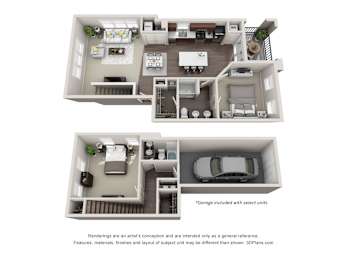 A 3D floor plan of a house with two bedrooms, a living room, a kitchen, and a garage.