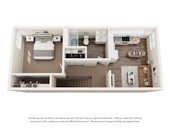 A top-down view of a room with a bed, couch, and kitchen area.