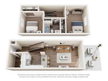 Two images of a small apartment with a kitchen, living room, and bathroom.