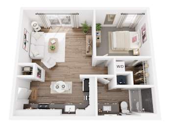 A top-down view of a small apartment with a living room, kitchen, and bathroom.