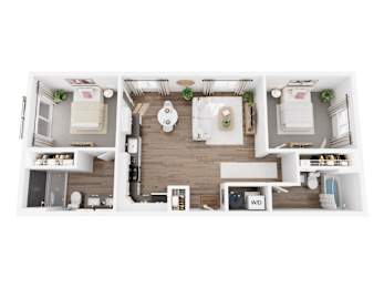 A top-down view of a small apartment with a kitchen, living room, and bathroom.