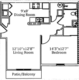 A black and white image of a floor plan for a house with a dining room, living room, bedroom, and patio/balcony.