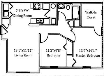 A floor plan of a home with a living room, dining room, bedrooms and a closet.