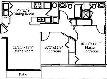 A floor plan of a house with a dining room, living room, two bedrooms, and a patio.