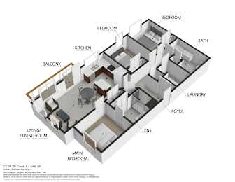 A diagram of a floor plan for a condo showing the layout of the bedrooms, laundry, and other rooms.